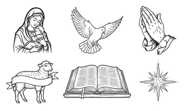 Christian religious symbols set with Virgin Mary dove praying hands bible and lamb sketch vector illustration