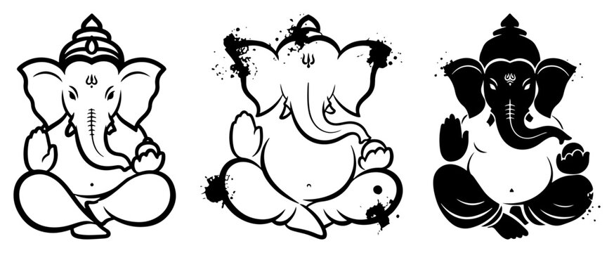 Lord Ganesha deity illustrations in three creative graphic styles vector set