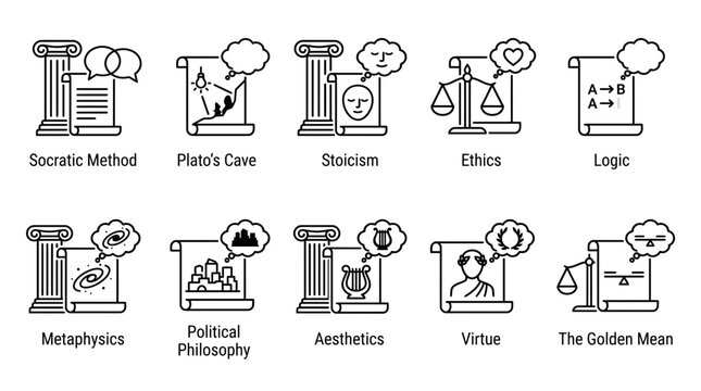 A grid of ten blackline icon designs on white each depicting philosophical concepts with associated symbols