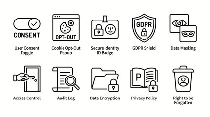 Fototapeta premium Ten blackline icons with text labels depicting various data privacy and security concepts on a white background