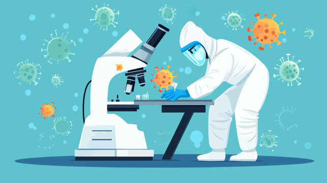 Scientist in protective gear analyzing virus particles with microscope