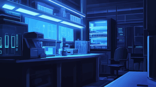 Futuristic lab room illuminated by vibrant blue LED lights