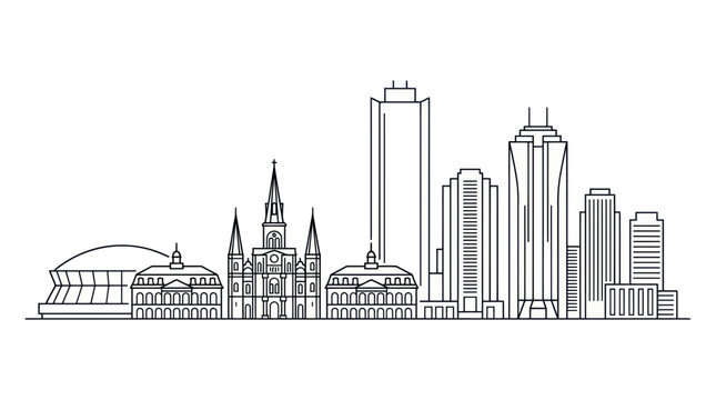 New Orleans Skyline Silhouette: Iconic Landmarks in Black and White Line Art
