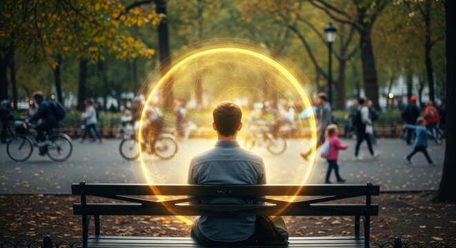 Man Sitting on Park Bench Surrounded by Golden Aura of Protection.
