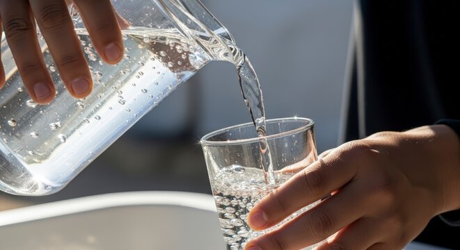 Pouring Clear Water From Pitcher Into Glass.