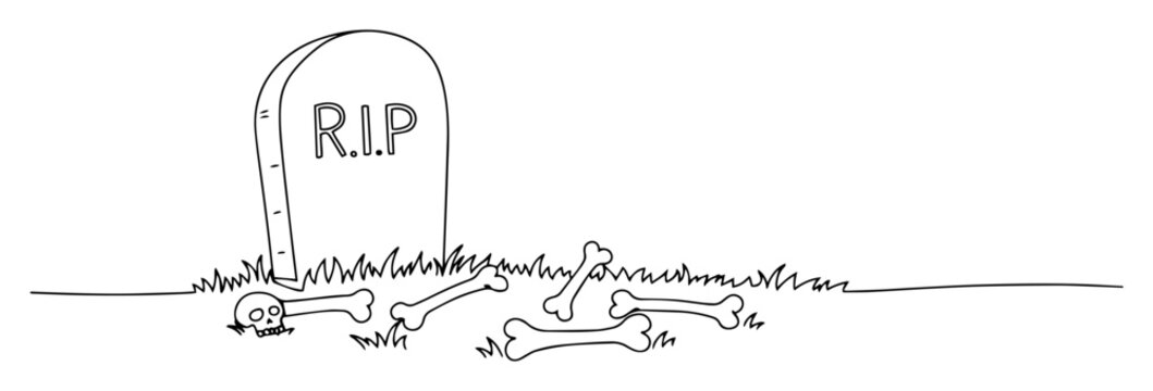 Gravestone with RIP text on a graveyard next to scattered bones and skull in continuous line art style