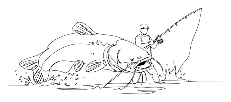 Fisherman catching giant catfish in water with fishing rod in continuous line art style
