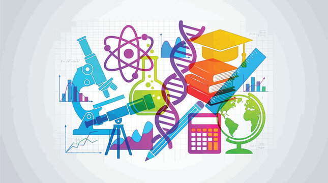 Science education vector illustration with laboratory equipment and school supplies. Colorful chemistry research icons, biology DNA helix, physics atom