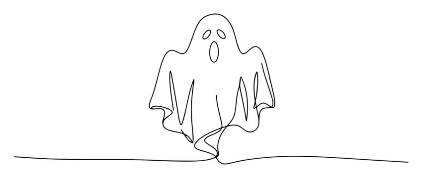 Spooky flying ghost character for halloween in continuous line art style