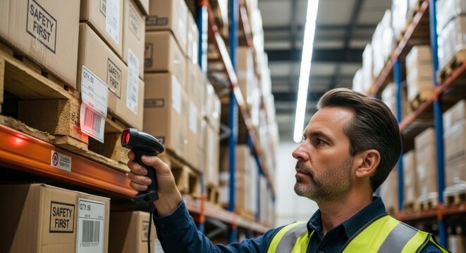 Man scanning boxes in warehouse storage.