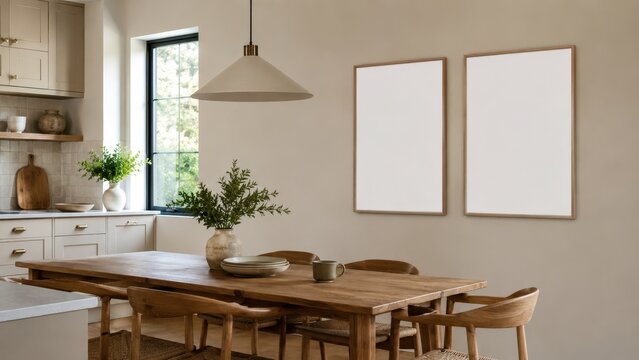two blank vertical poster frames on beige wall in minimalist dining room, wooden table, modern chairs, soft window light and warm kitchen decor concept