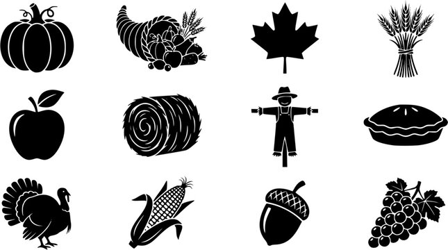 Set of black autumn harvest icons featuring pumpkin, cornucopia, maple leaf, wheat, apple, hay bale, scarecrow, pie, turkey, corn, acorn and grapes.