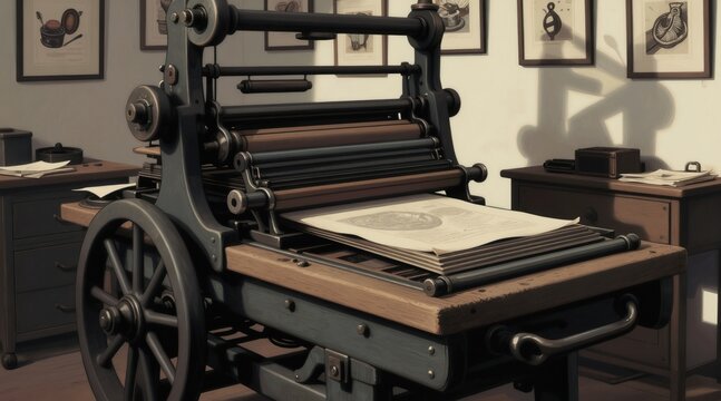 Antique book printing press in workshop with paper stacked and framed art on wall. Vintage machinery for letterpress book production and publishing. Retro print shop.