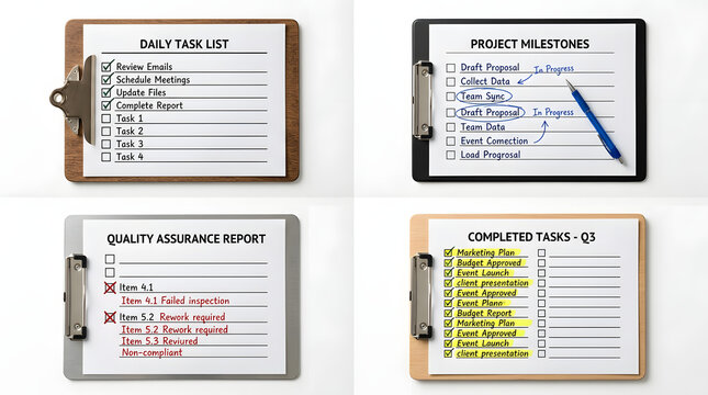 Business Workflow Collage: A compilation of four clipboards displaying a daily task list, project milestones, a quality assurance report, and completed tasks.
