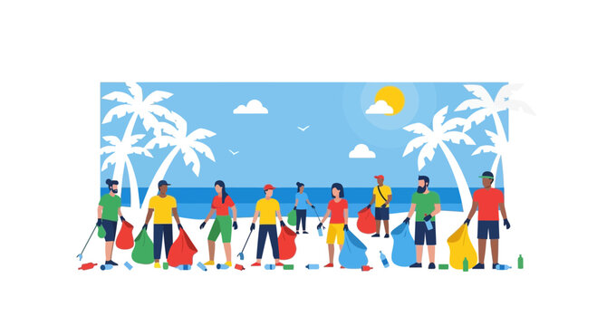 Beach Cleanup Volunteers Collecting Trash Under Palm Trees