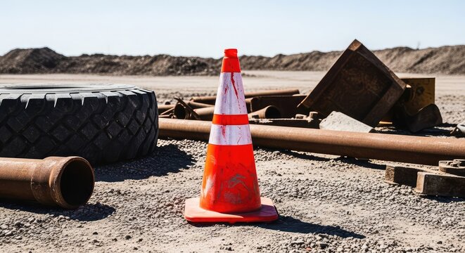 A bright orange safety cone stands on a dusty construction zone surrounded by gravel and heavy machinery parts under the bright sun, orange, safety, hazard