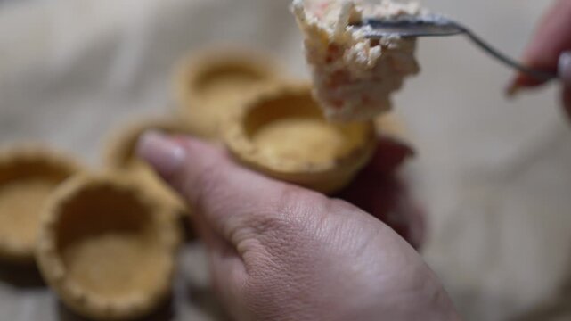 Homemade Appetizer Tartlet Filling Preparing Delicious Party Snacks Close Up