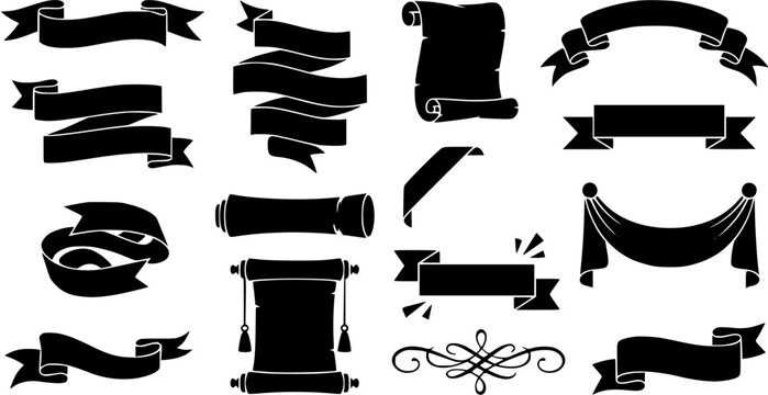 Set of black ribbons, banners and vintage scrolls in silhouette style for decorative design elements
