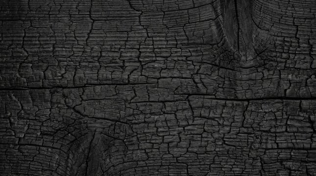 Dark charred wood texture background, showcasing intricate details of burnt timber planks. Deep cracks and rustic surface evoke a powerful narrative of transformation and enduring resilience