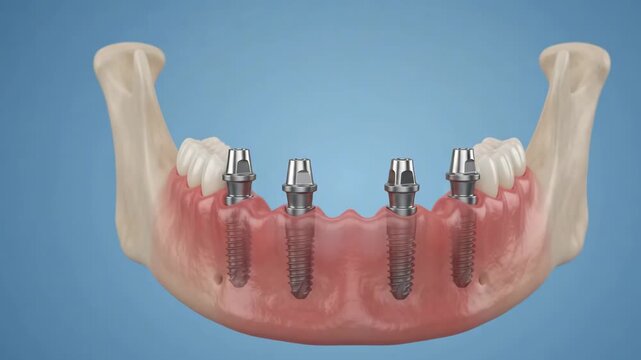 Three-dimensional medical animation of the dental implantation process using all on four technology. Visualization of installing titanium implants, abutments 