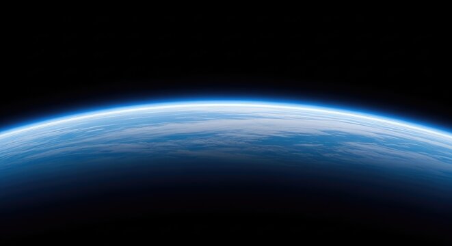 A cinematic view of the curved planetary horizon transitioning from a deep blue atmosphere into the vast darkness of the outer space void, outer, void, orbital