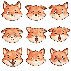 Fototapeta premium Cute Cartoon fox Animal Faces Set Collection watercolor