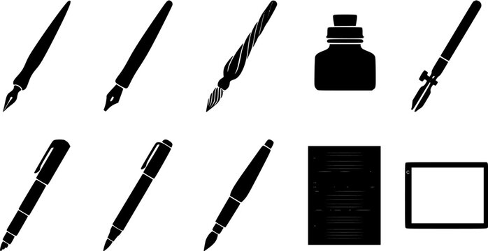 Set of black silhouette writing and drawing instruments including fountain pens, dip pens, ink bottle and notepad on a white background