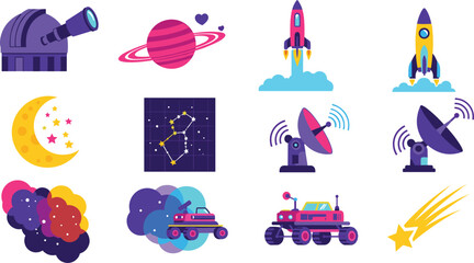 Space Exploration and Astronomy Vector Icon Set with Rockets Planets Observatories Satellite Dishes and Mars Rovers © Firoz