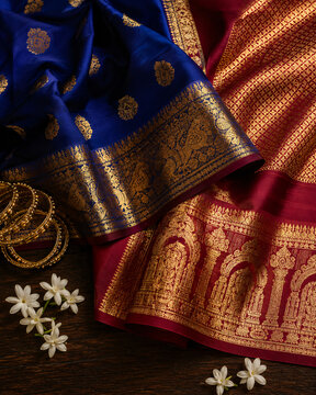 Kanchipuram silk saree macro detail showing intricate gold zari weaving and temple border pattern with jasmine flowers and bangles, South Indian luxury textile