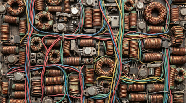 Copper inductor coils and old transistors full frame texture