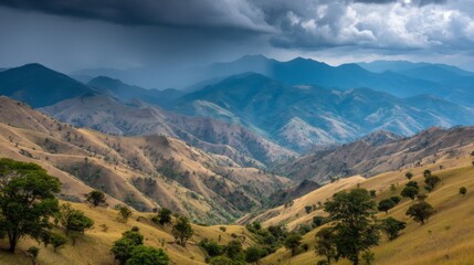 Fototapeta premium Serene Mountain Range Landscape with Dramatic Clouds and Lush Greenery in the Valley Below, Capturing Nature's Raw Beauty and Tranquility