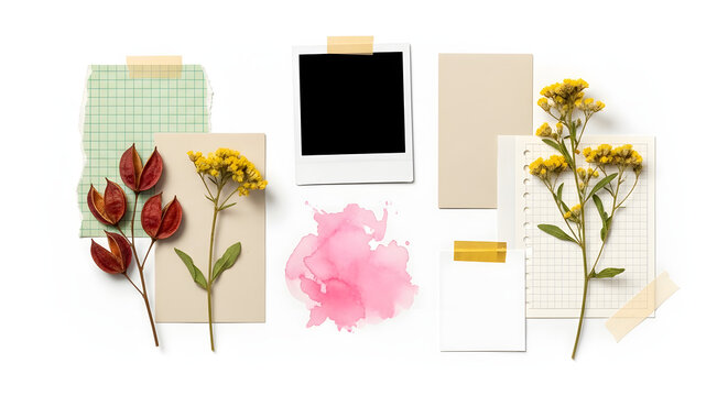 Autumn Botanical Collage: A whimsical collage featuring pressed autumn leaves, dried wildflowers, a blank instant photo frame, and watercolor splashes, evoking a nostalgic and creative aesthetic.