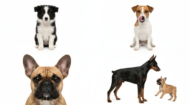 Four Different Dog Breeds Posed Together: A collage showcasing four distinct dog breeds, a border collie, a jack russell terrier, a french bulldog, and a doberman.