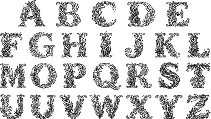 Naklejka premium Decorative alphabet set with underwater seaweed and marine life elements in engraving style