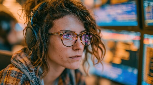 Focused financial analyst (diverse, with glasses) wearing headphones and looking intensely at a Bloomberg terminal setup with three monitors, specialized, dynamic, trading floor background