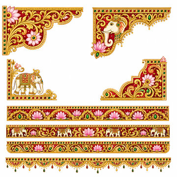Tanjore painting inspired decorative border ornament vector set with lotus, elephant and jeweled frame motifs in gold and crimson on transparent background