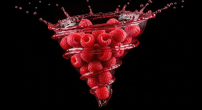 A dynamic swirl of fresh raspberries creates a powerful tornado effect inside a deep red fruit juice spiral with vibrant splashing liquid drops, sweet, splash, droplet