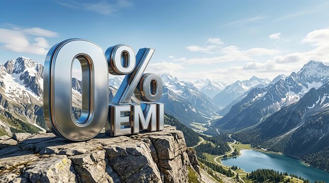 Three Dimensional Chrome Zero Percent EMI Sign on Rocky Mountain Cliff Overlooking Scenic Valley