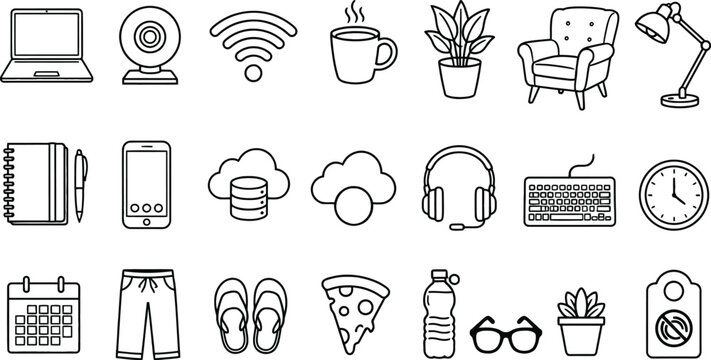 Remote Work Home Office Line Icon Vector Set for Freelance Study