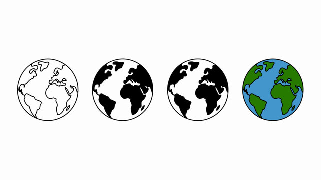 Four globe icons in varying styles including line art and color fills world earth geography international travel planet icon pictogram vector