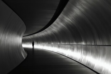 Fototapeta premium Man stands alone inside a long curved futuristic tunnel with bright lights along the sides. Modern architecture creates a pathway into the distance. The scene evokes a sense of mystery and journey.