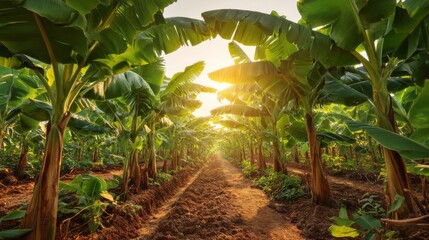 Obraz premium Lush Banana Plantation Surrounded by Tall Green Leaves Under Golden Sunshine with Pathway Leading Through Vibrant Tropical Landscape
