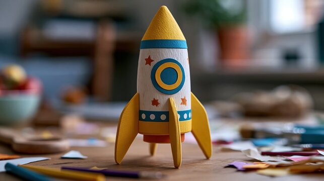 Handmade rocket craft on cozy table with paper scraps and craft tools in warm sunlight