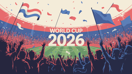 world cup stadium celebration vector illustration football soccer fans cheering confetti flags event sport tournament 2026 arena match team game championship © Raian