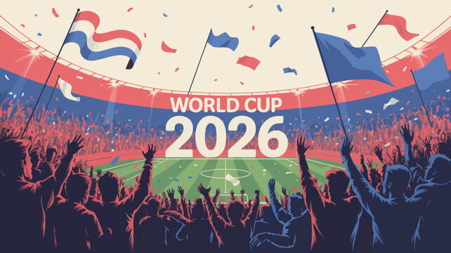 world cup stadium celebration vector illustration football soccer fans cheering confetti flags event sport tournament 2026 arena match team game championship