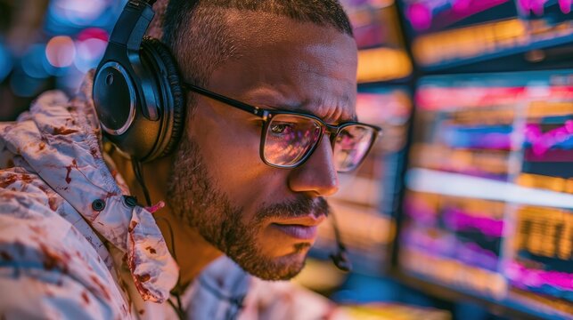 Focused financial analyst (diverse, with glasses) wearing headphones and looking intensely at a Bloomberg terminal setup with three monitors, specialized, dynamic, trading floor background