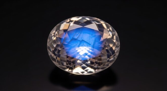 A polished moonstone gemstone displays a magical blue adularescence and an ethereal milky white glow when captured under soft studio light, adularescence, detail, refraction