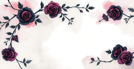 Obraz premium Dark gothic watercolor floral frame with black and deep purple roses, twisting vines and soft pink mist on white background with copy space.
