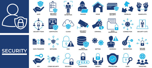 Fototapeta premium Security icon set collection. Containing certificate, link, transfer, profit, puzzle, insurance, management .Solid vector icons collection