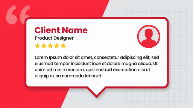 Client testimonial quote template with product designer rating and red decorative background elements for business marketing and advertising use in vector graphic illustration.